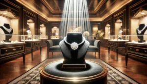 DALL·E 2025 02 13 09.50.31 A luxurious and exclusive jewelry boutique setting featuring a single breathtaking diamond necklace displayed on a velvet pedestal under dramatic li 1