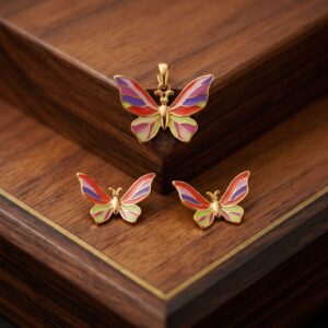 Butterfly charms on wooden podium 202607181135
